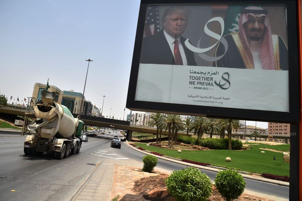 A billboard bearing portraits of President Trump and Saudi Arabia's King Salman is seen on a main road in Riyadh, on May 19, 2017. (Giuseppe Cacace/AFP/Getty Images)