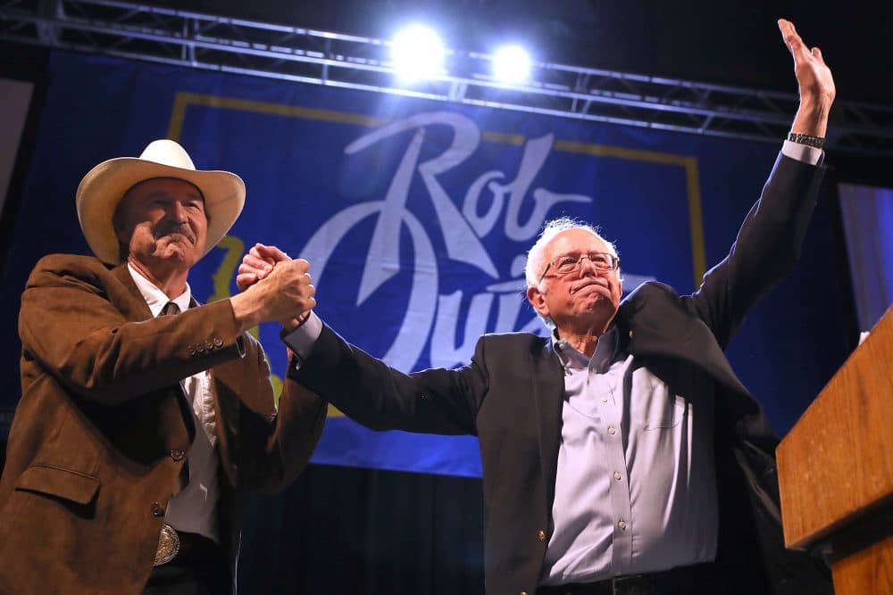 Democratic Congressional candidate Rob Quist (left) and Sen. Bernie Sanders (I-VT) greet supporters during a campaign rally on May 20, 2017, in Butte, Montana. (Justin Sullivan/Getty Images)