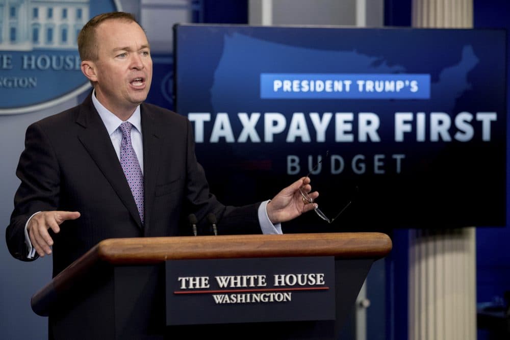 Budget Director Mick Mulvaney speak to the media about President Donald Trump's proposed fiscal 2018 federal budget in Washington on Tuesday. (Andrew Harnik/AP)