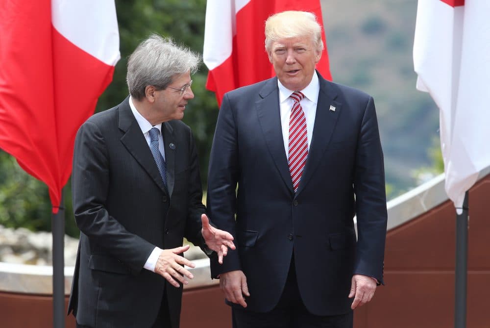 President Trump speaks with Italian Prime Minister Paolo Gentiloni in the ancient amphitheater at the G-7 summit on the island of Sicily on May 26, 2017, in Taormina, Italy. (Sean Gallup/Getty Images)