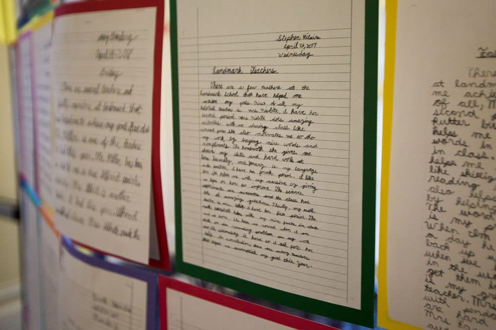 Stephen's essay about his favorite teacher on display at the Landmark School. He plans to surprise his parents by reading it to them at the end of the year. (Jesse Costa/WBUR)