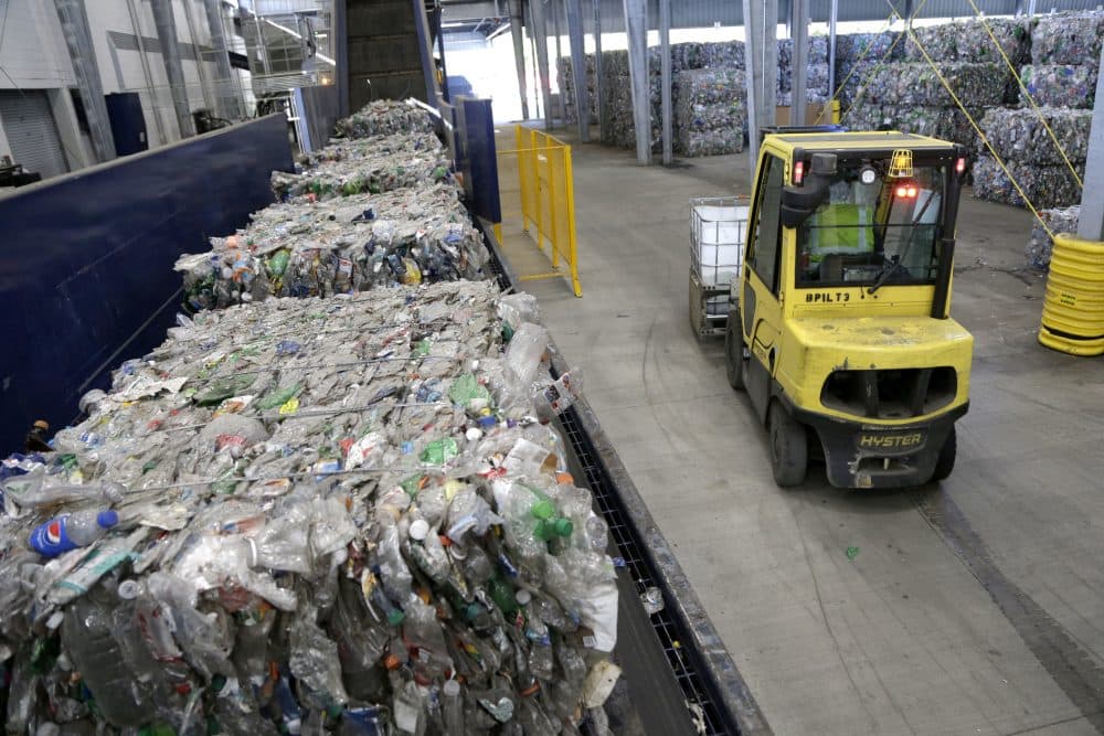 Recycled plastic bottles sit on a conveyor belt to be processed at the Repreve Bottle Processing Center in North Carolina. BU researchers are designing a robot that would sort recyclable material automatically. (Chuck Burton/AP)