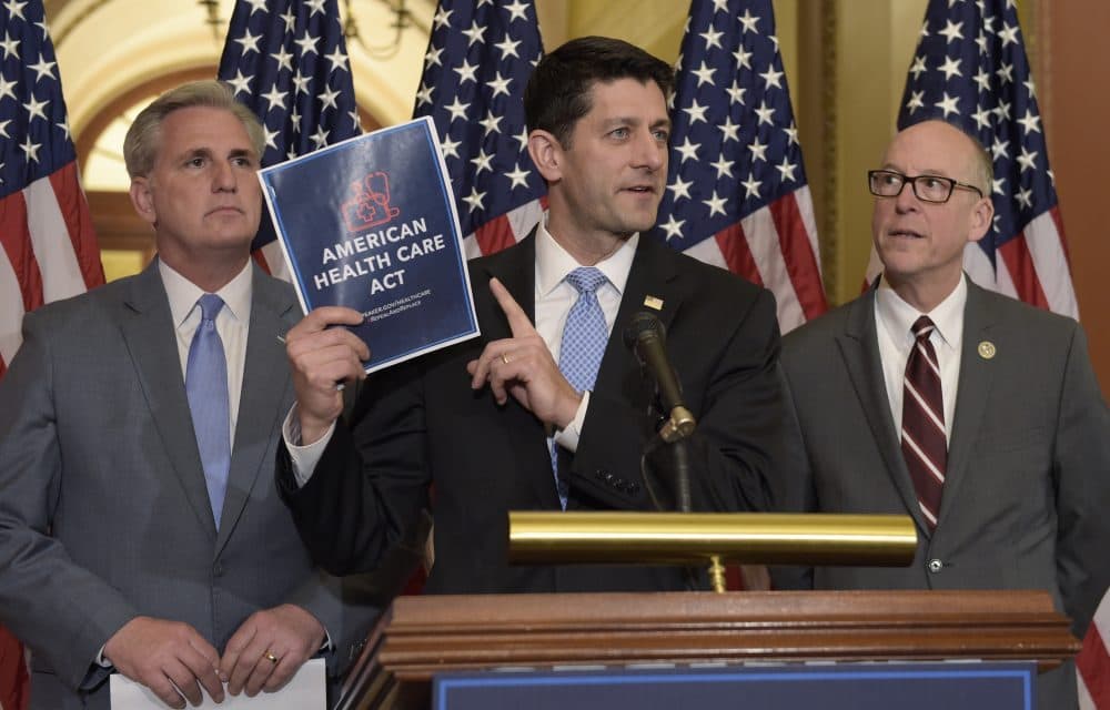 House Speaker Paul Ryan, center, standing with Energy and Commerce Committee Chairman Greg Walden, right, and House Majority Whip Kevin McCarthy, left, speaks during a news conference on the American Health Care Act in March. (Susan Walsh/AP)