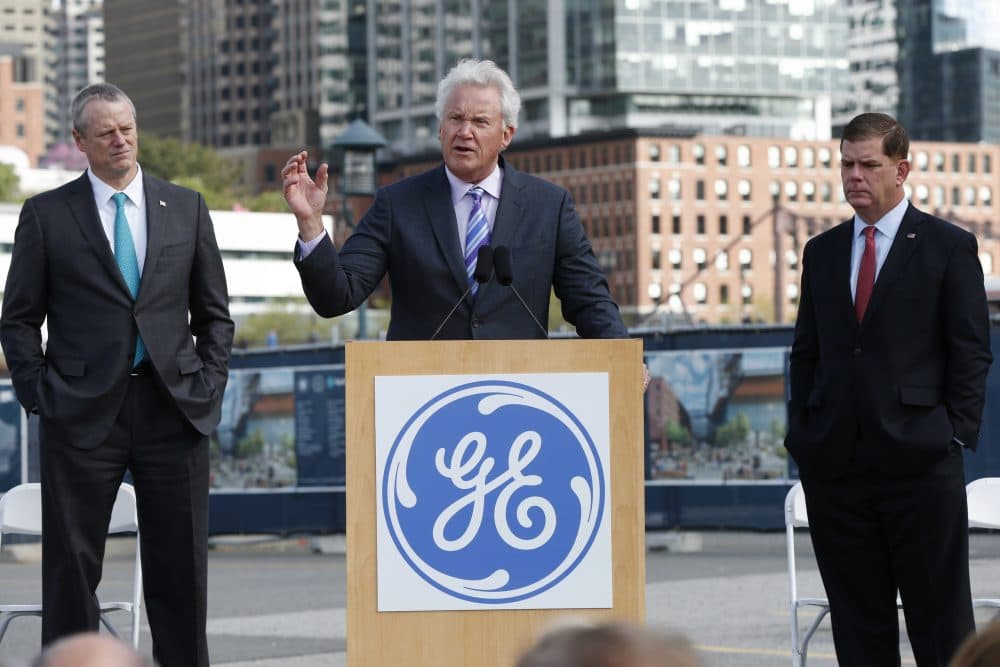 General Electric CEO Jeff Immelt speaks Monday during a groundbreaking ceremony at the site of GE's new Boston headquarters, along as Gov. Charlie Baker, left, and Boston Mayor Marty Walsh. (Michael Dwyer/AP)
