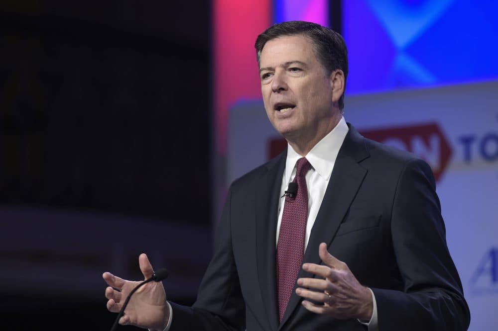In this photo taken May 8, 2017, FBI Director James Comey speaks in Washington. A person familiar with the investigation into Hillary Clinton's use of a private email server says Huma Abedin did not forward &quot;hundreds and thousands&quot; of emails to her husband's laptop, as FBI Director James Comey testified to Congress.  (AP Photo/Susan Walsh)