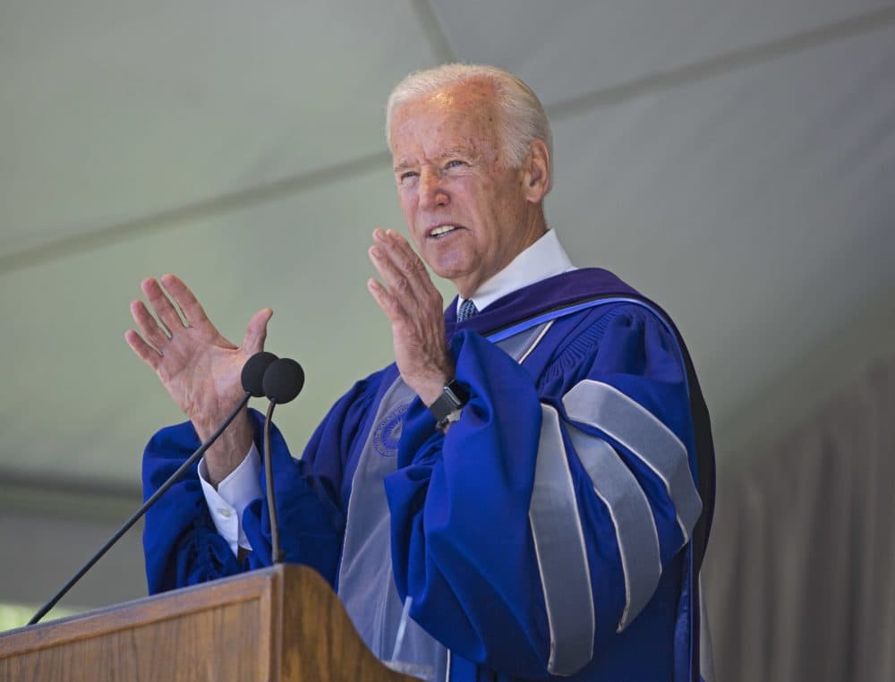 Former U.S. Vice President Joe Biden speaks during Colby College commencement ceremonies in Waterville, Maine, Sunday, May 21, 2017. (Dennis Griggs/Courtesy of Colby College)