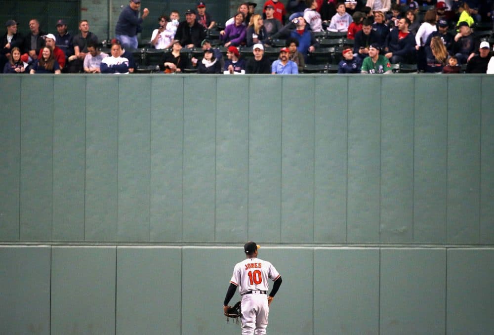 Baltimore Orioles' Adam Jones looks up at fans during a baseball game against the Red Sox, Tuesday, May 2, 2017, at Fenway. (Michael Dwyer/AP)