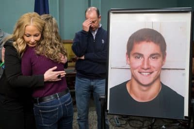 Centre County DA Stacy Parks Miller hugs Evelyn Piazza as her husband Jim stands in the background after announcing the findings in the investigation of Timothy Piazza at the Beta Theta Pi fraternity. (Joe Hermitt/PennLive)