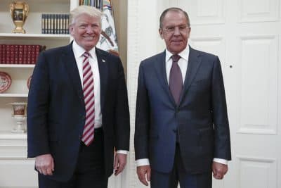 President Donald Trump meets with Russian Foreign Minister Sergey Lavrov, right, at the White House in Washington. (AP/Russian Foreign Ministry)