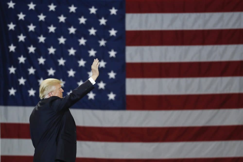 We should not idle while states arrest reporters and turn harmless demonstrators into outlaws, writes Susan E. Reed. Pictured: President Donald Trump waves in front of an American flag after speaking during a rally Monday, March 20, 2017, in Louisville, Ky. (John Minchillo/AP)