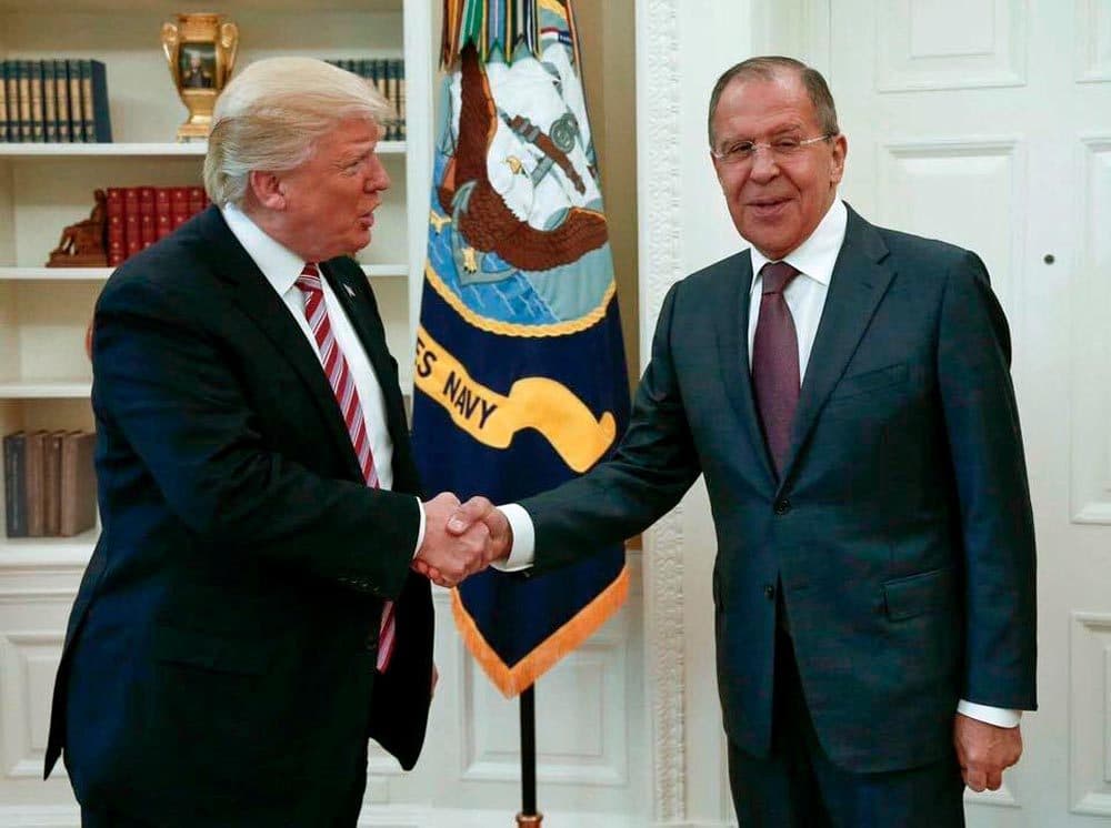 President Trump shakes hands with Russian Foreign Minister Sergey Lavrov at the White House on May 10, 2017.  (Russian Foreign Ministry Photo/AP)