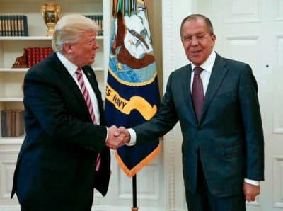 President Trump shakes hands with Russian Foreign Minister Sergey Lavrov at the White House on May 10, 2017.  (Russian Foreign Ministry Photo/AP)