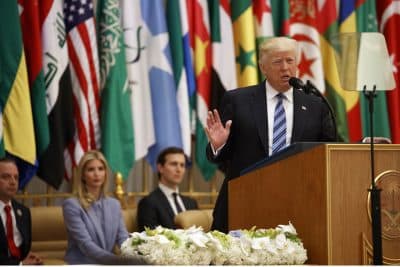 President Donald Trump delivers a speech to the Arab Islamic American Summit, at the King Abdulaziz Conference Center, Sunday, May 21, 2017, in Riyadh, Saudi Arabia. From left, White House Chief of Staff Reince Priebus, Ivanka Trump, White House senior adviser Jared Kushner. (AP Photo/Evan Vucci)