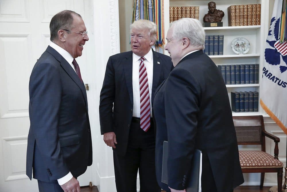 U.S. President Donald Trump meets with Russian Foreign Minister Sergey Lavrov, left, next to Russian Ambassador to the U.S. Sergei Kislyak at the White House in Washington. (AP/Russian Foreign Ministry)