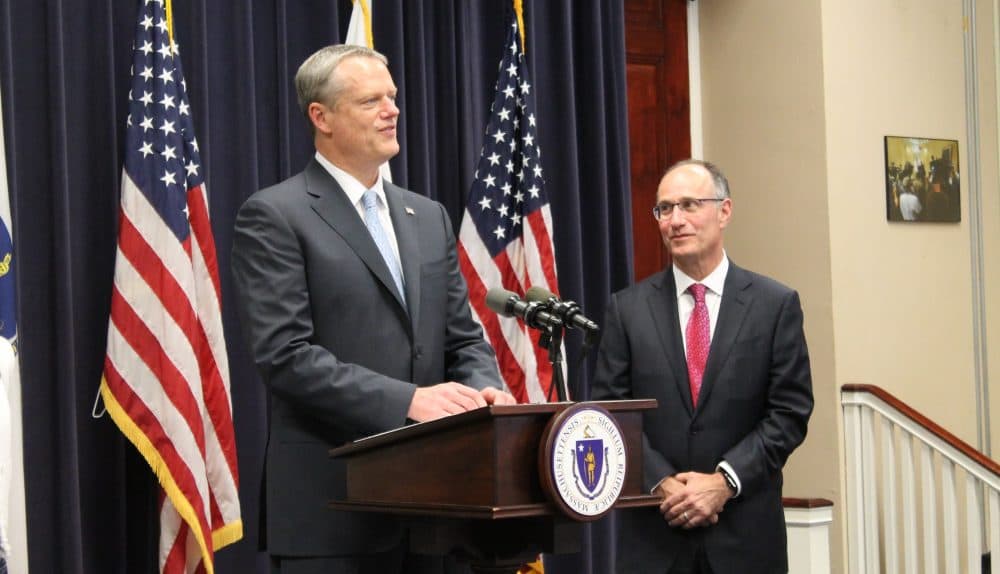 Gov. Charlie Baker announces the nomination of Appeals Court Chief Justice Scott Kafker to the state's highest court during a press conference on Monday. (Sam Doran/SHNS)