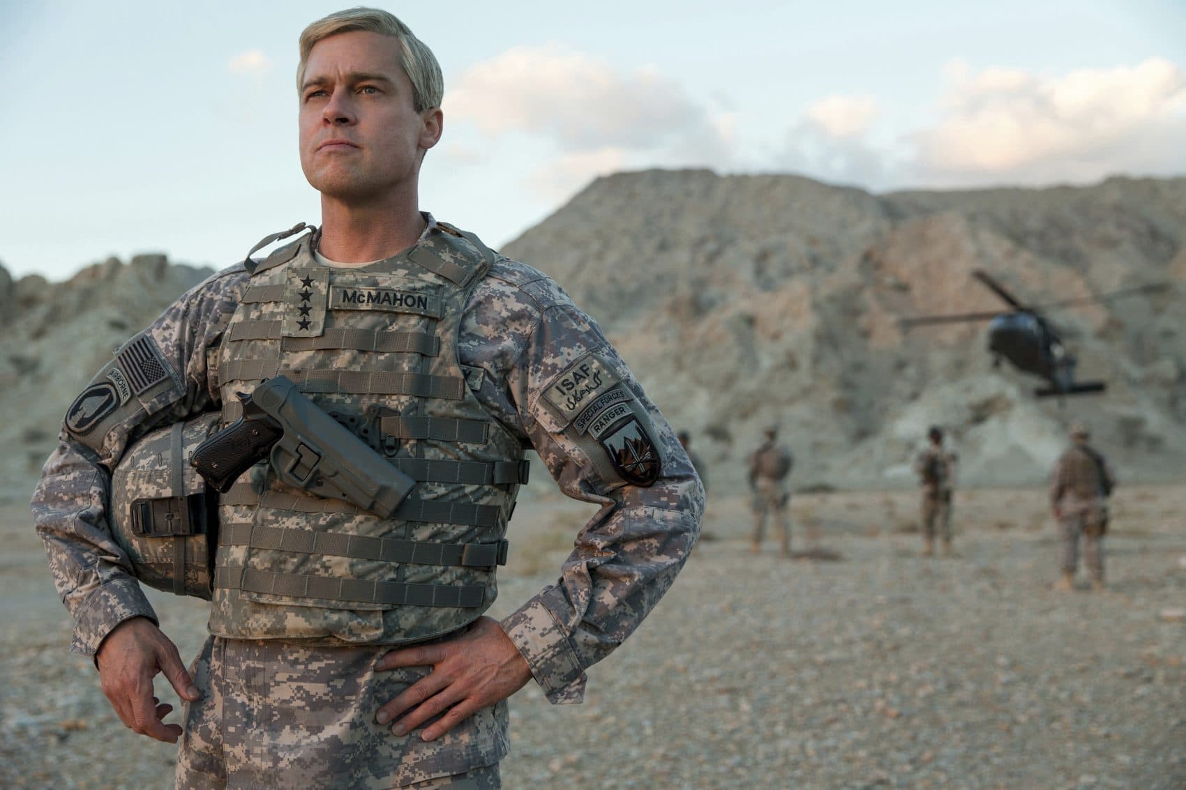 This image released by Netflix shows Brad Pitt in a scene from &quot;War Machine.&quot; (Francois Duhamel/Netflix via AP)
