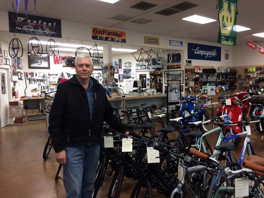 Bill Cole owns Wheelworks Bicycle Shop in Eugene, Ore. (Chris Lehman/Northwest News Network)