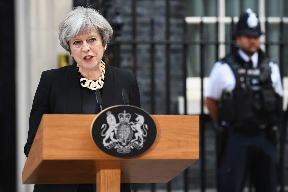 Britain's Prime Minister Theresa May addresses the media as she makes a statement, following a COBRA meeting in response to last night's London terror attack, at 10 Downing Street on June 4, 2017 in London. (Leon Neal/Getty Images)