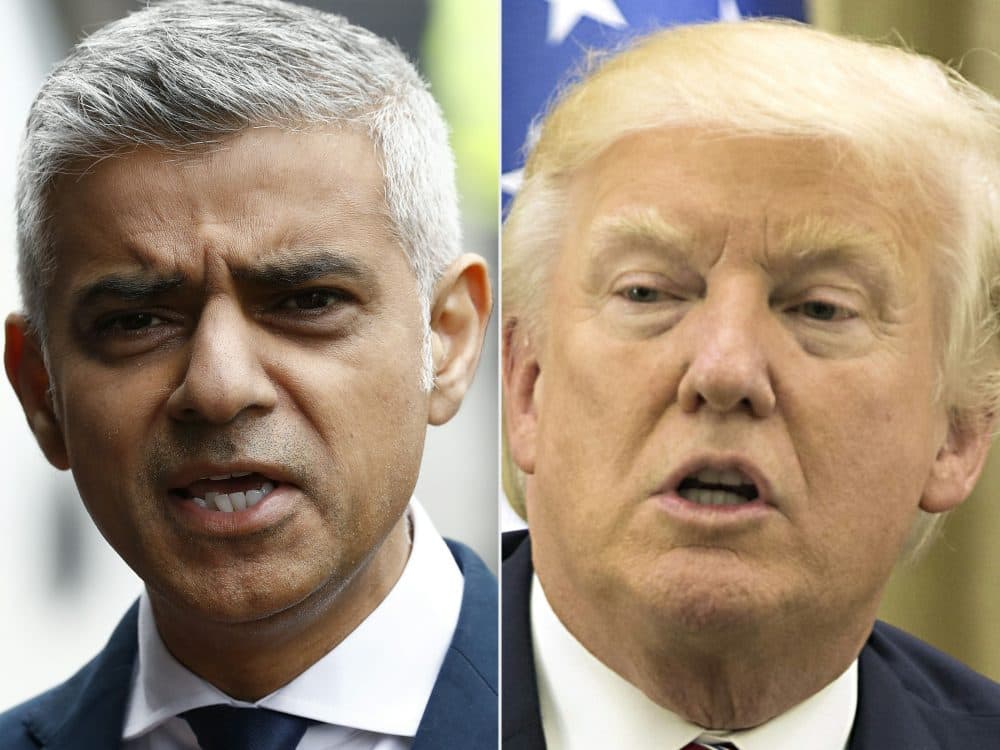 This combination of pictures shows Mayor of London Sadiq Khan after visiting Borough High Street in London on June 5, 2017, the site of the June 3 terror attack, near to Borough Market, and President Trump during his meeting with the Israeli president at his residence in Jerusalem on May 22, 2017. (Odd Andersen, Atef Safadi/AFP/Getty Images)