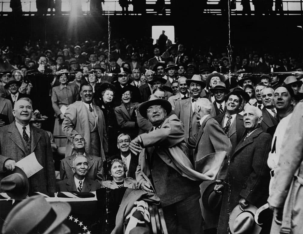 On Sept. 2, 1945, President Harry Truman (center) became the first president since the start of the war to attend a Washnigton Nationals baseball game. Here, Truman is pictured at Griffiths Stadium in Washington in 1949. (Keystone/Hulton Archive/Getty Images)