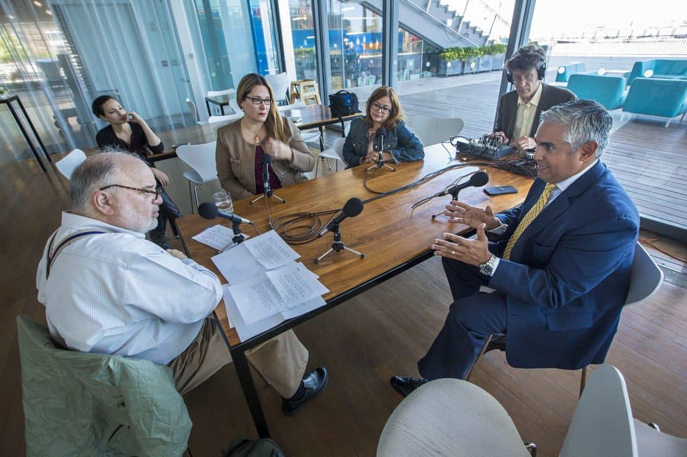 The Morning Edition roundtable about the upcoming statehood referendum in Puerto Rico is recorded at the Institute of Contemporary Art in Boston (Jesse Costa/WBUR)