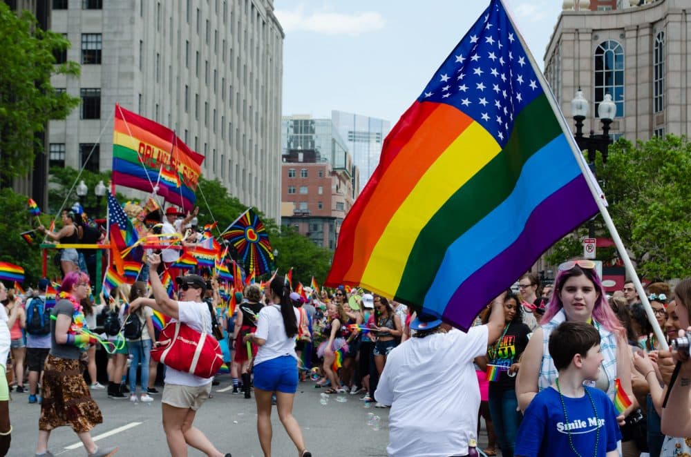 This year's slogan for Pride was &quot;Stronger Together&quot; -- and that celebratory, but determined, feeling filled the parade route. (Elizabeth Gillis/WBUR)