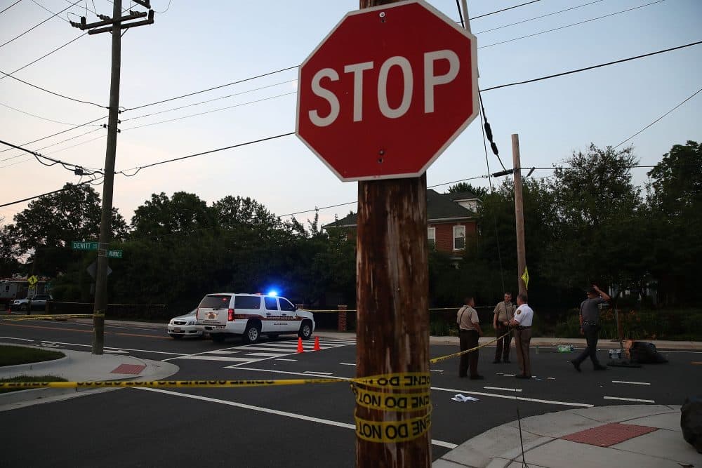E. Monroe Ave. remains closed in front of the Eugene Simpson Field, the site where a gunman opened fire June 15, 2017 in Alexandria, Virginia. Multiple injuries were reported from the instance, the site where a congressional baseball team was holding an early morning practice, including House Majority Whip Steve Scalise, who was shot in the hip. (Mark Wilson/Getty Images)