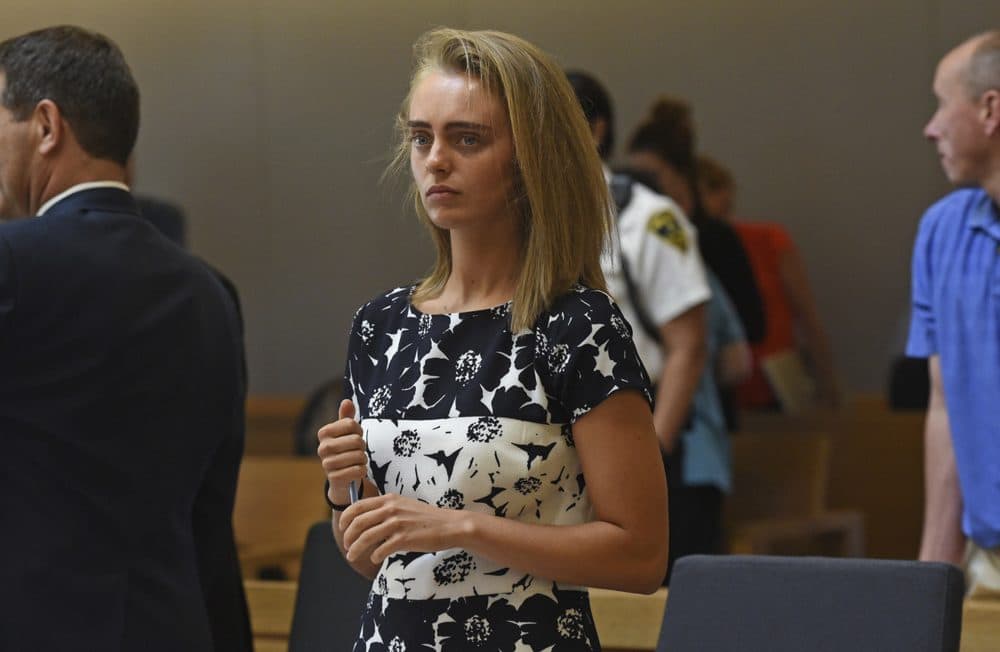 Michelle Carter stands as court is in recess at the end of the day on June 12 earlier in her trial in Taunton, Mass. (Faith Ninivaggi/The Boston Herald via AP)