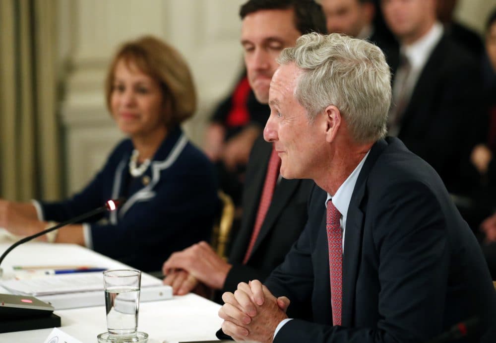 Tom Leighton, CEO of Akamai, right, speaks during an American Technology Council roundtable in the State Dinning Room of the White House on Monday in Washington. (Alex Brandon/AP)