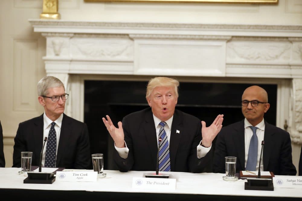 President Donald Trump, center, speaks as he is seated between Tim Cook, Chief Executive Officer of Apple, left, and Satya Nadella, Chief Executive Officer of Microsoft, right, during an American Technology Council roundtable in the State Dinning Room of the White House, Monday, June 19, 2017, in Washington. (Alex Brandon/AP)