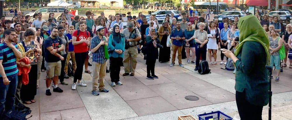 A crowd gathered this week at Copley Square to remember Nabra Hassanen, a Muslim teenager from Virginia whose murder sparked conversations around safety during the final days of Ramadan. (Shannon Dooling/WBUR)