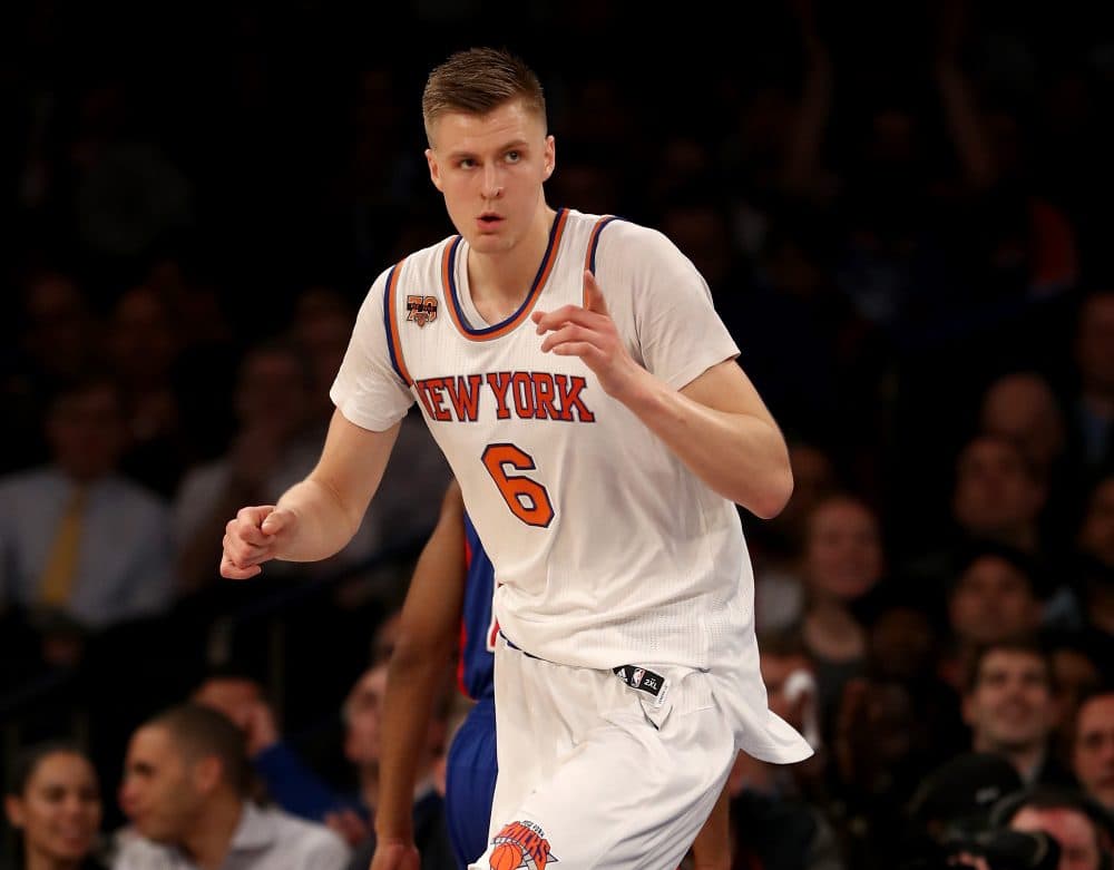 Kristaps Porzingis was the subject of trade rumors leading up to the NBA Draft (Elsa/Getty Images).