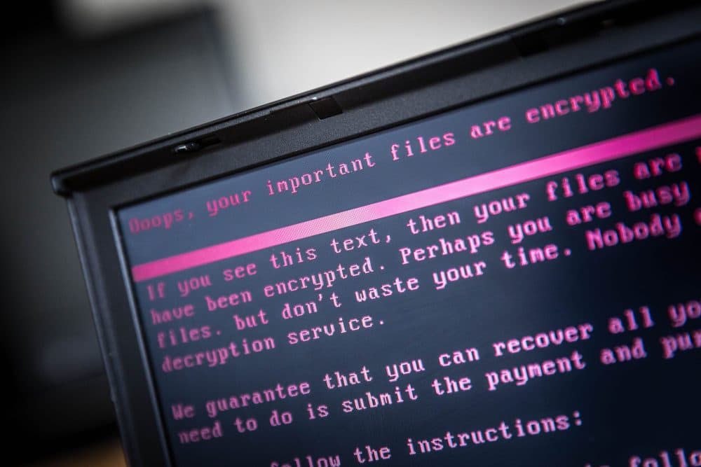 A laptop displays a message after being infected by a ransomware as part of a worldwide cyberattack on June 27, 2017 in Geldrop, Netherlands. (Rob Engelaar/AFP/Getty Images)