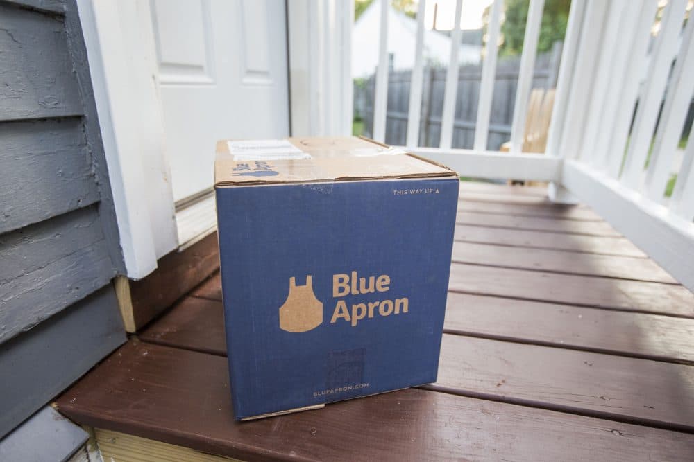 A Blue Apron box sits on the porch of a house on June 28, 2017 in Boston. (Scott Eisen/Getty Images)