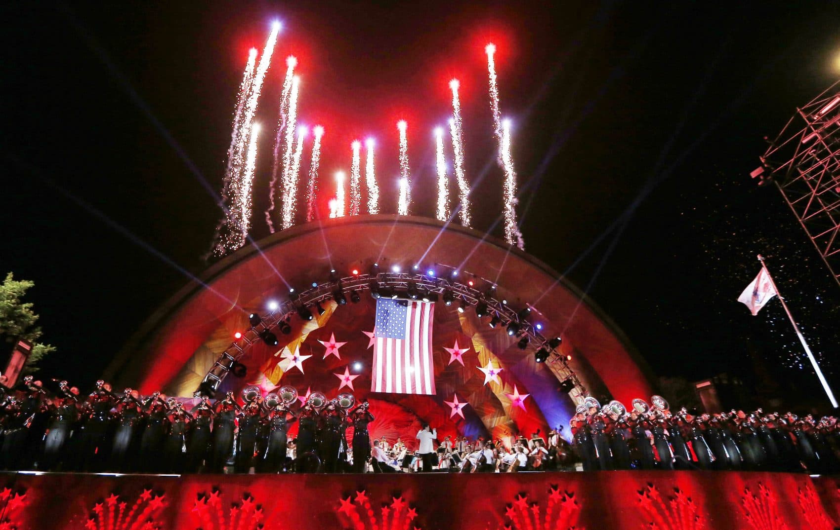 Fireworks shoot from the top of the Hatch Shell during rehearsal for the annual Boston Pops orchestra Fourth of July concert. (Michael Dwyer/AP File)