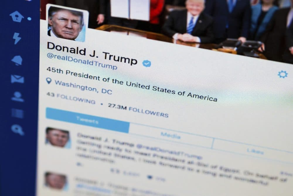 President Donald Trump's Twitter feed is photographed on a computer screen in Washington, Monday. April 3, 2017. (AP/J. David Ake)