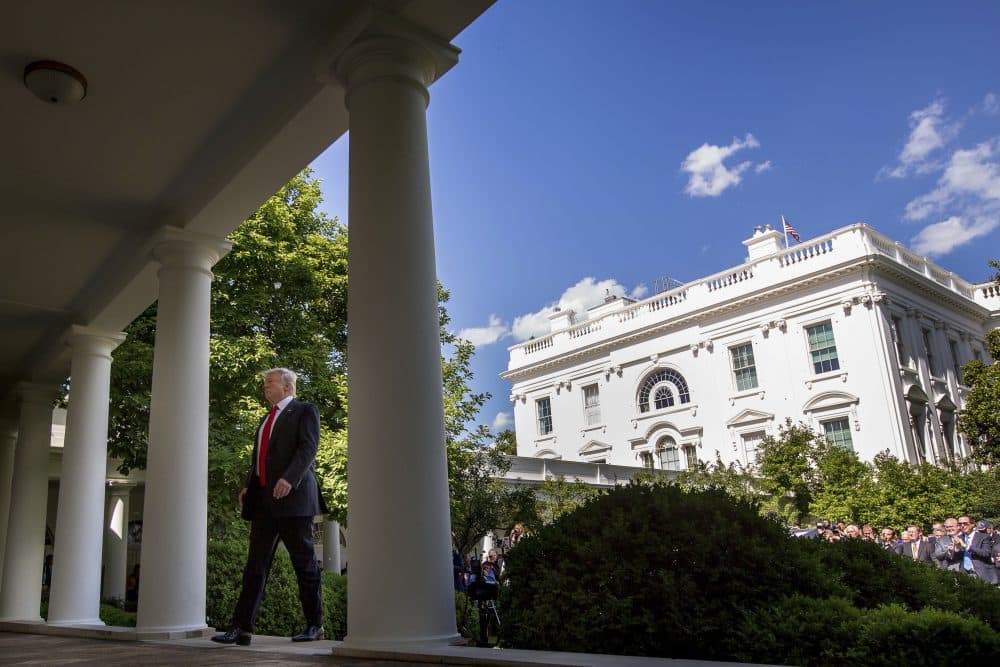 President Donald Trump walks to the Oval Office of the White House in Washington, Thursday, June 1, 2017, after speaking in the Rose Garden about the US role in the Paris climate change accord. (AP Photo/Andrew Harnik)