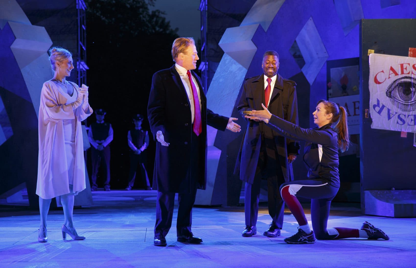 Tina Benko, left, portrays Melania Trump in the role of Caesar's wife, Calpurnia, and Gregg Henry, center left, portrays President Trump in the role of Julius Caesar during a dress rehearsal in May of The Public Theater's production of &quot;Julius Caesar&quot; in New York. (Joan Marcus/The Public Theater via AP)