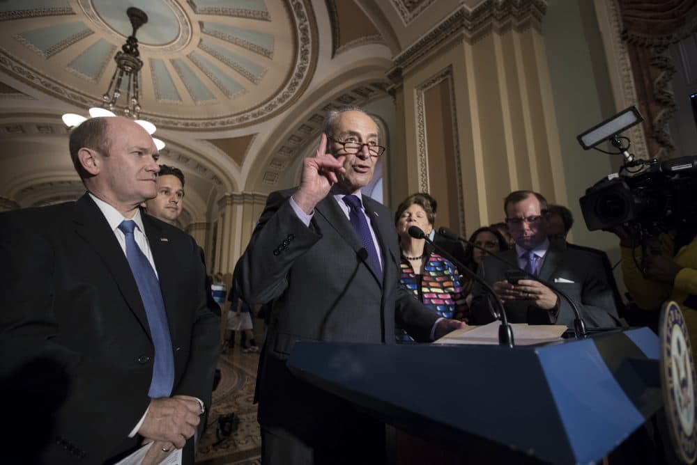 Senate Minority Leader Chuck Schumer, D-N.Y., joined by, from left, Sen. Chris Coons, D-Del., Sen. Brian Schatz, D-Hawaii, and Sen. Jeanne Shaheen, D-N.H., speaks about the health overhaul following a closed-door strategy session at the Capitol in Washington, Tuesday, June 20, 2017. Senate Majority Leader Mitch McConnell says Republicans will have a &quot;discussion draft&quot; of a GOP-only bill scuttling former President Barack Obama's health care law by Thursday. (J. Scott Applewhite/AP)