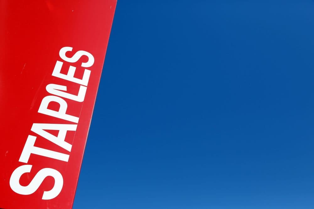 This 2016 file photo shows a Staples store sign in New York. (Mark Lennihan/AP)