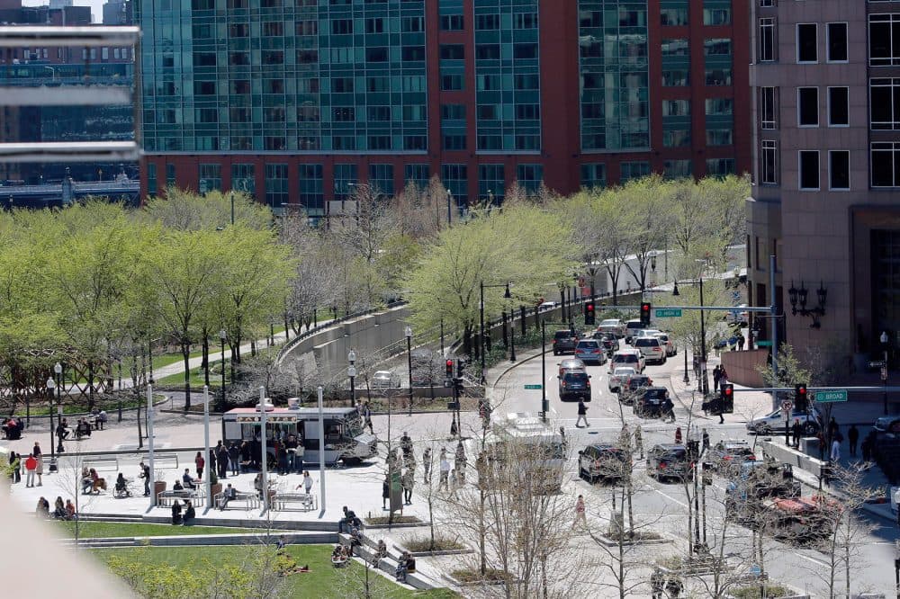 A view of Rose Fitzgerald Kennedy Greenway, left, and Purchase Street, right, on April 28, 2016. (Bill Sikes/AP)