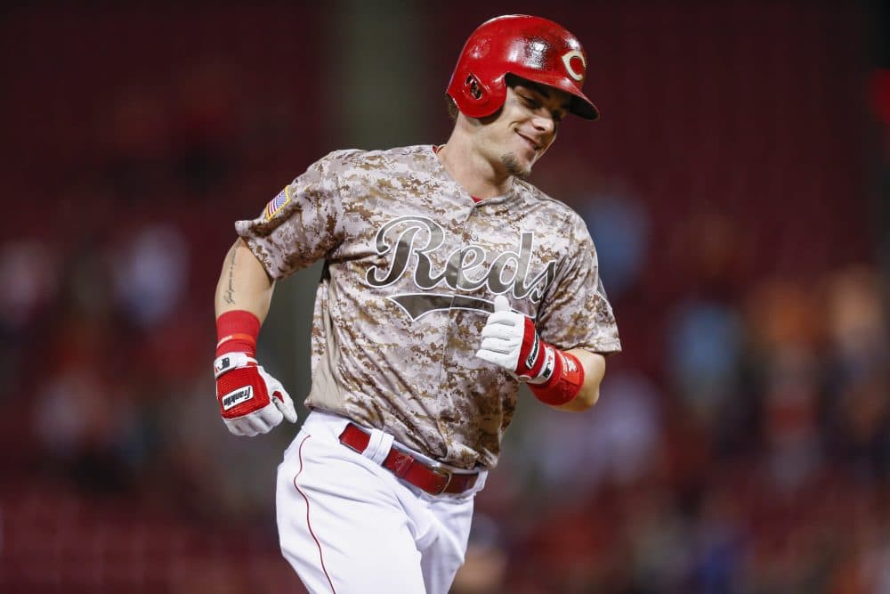 Scooter Gennett of the Cincinnati Reds rounds the bases after hitting his fourth home run against the St. Louis Cardinals on June 6, 2017. (Michael Hickey/Getty Images)
