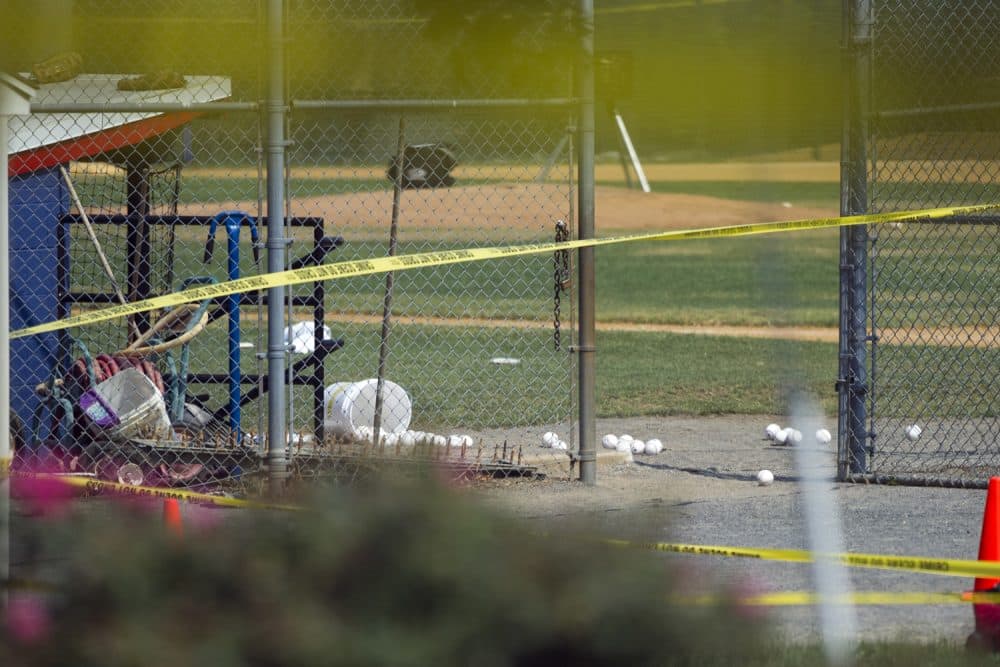 Softballs are strewn on a field at the scene of a multiple shooting involving a member of House Majority Whip Steve Scalise of La., Wednesday, June 14, 2017, in Alexandria, Va.  (Cliff Owen/AP)