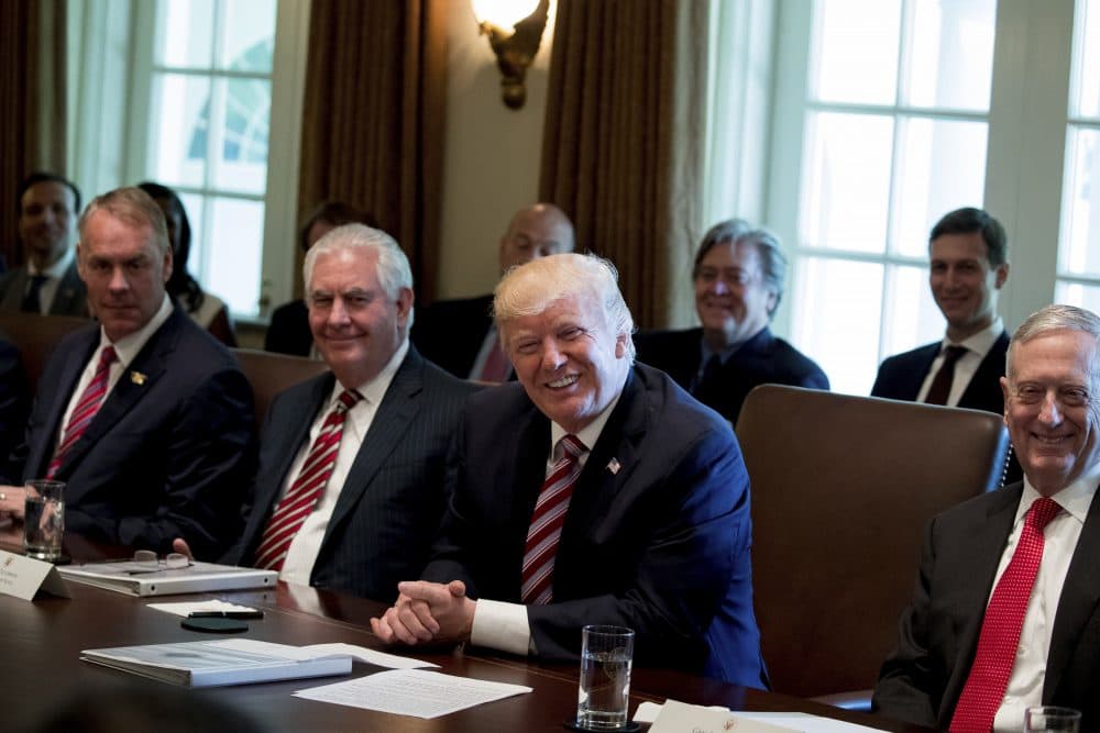 It’s time to demand service from our president, not to offer servitude, writes Tiziana Dearing. Pictured: President Trump with, from left, Interior Secretary Ryan Zinke, Secretary of State Rex Tillerson and Defense Secretary Jim Mattis, during a Cabinet meeting, Monday, June 12, 2017 in Washington. (Andrew Harnik/AP)