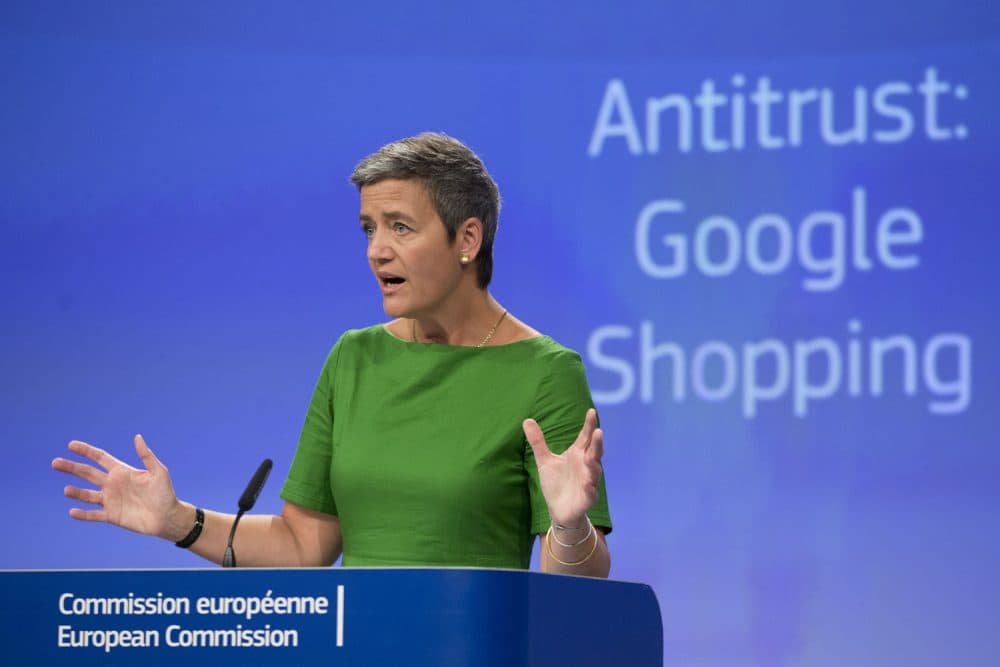 European Union Commissioner for Competition Margrethe Vestager speaks during a media conference at EU headquarters in Brussels on June 27, 2017. The European Union's competition watchdog has fined internet giant Google over its online shopping service. (Virginia Mayo/AP)