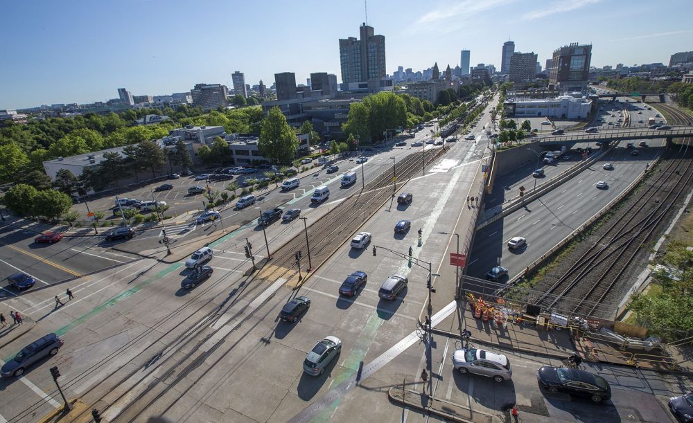 Looking east at the Commonwealth Avenue Bridge, which spans the Massachusetts Turnpike and intersects with the Boston University Bridge and Essex Street. (Jesse Costa/WBUR)