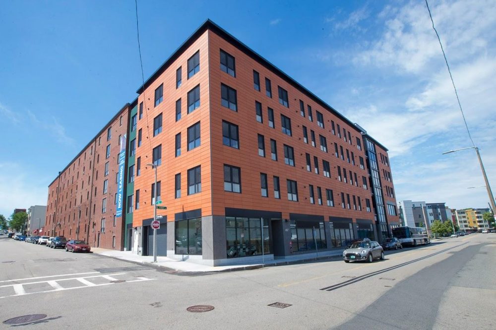 The Distillery North Apartments is a new luxury development attached to a mid-19th-century distillery on East First Street in South Boston that is an energy efficient passive house. (Jesse Costa/WBUR)