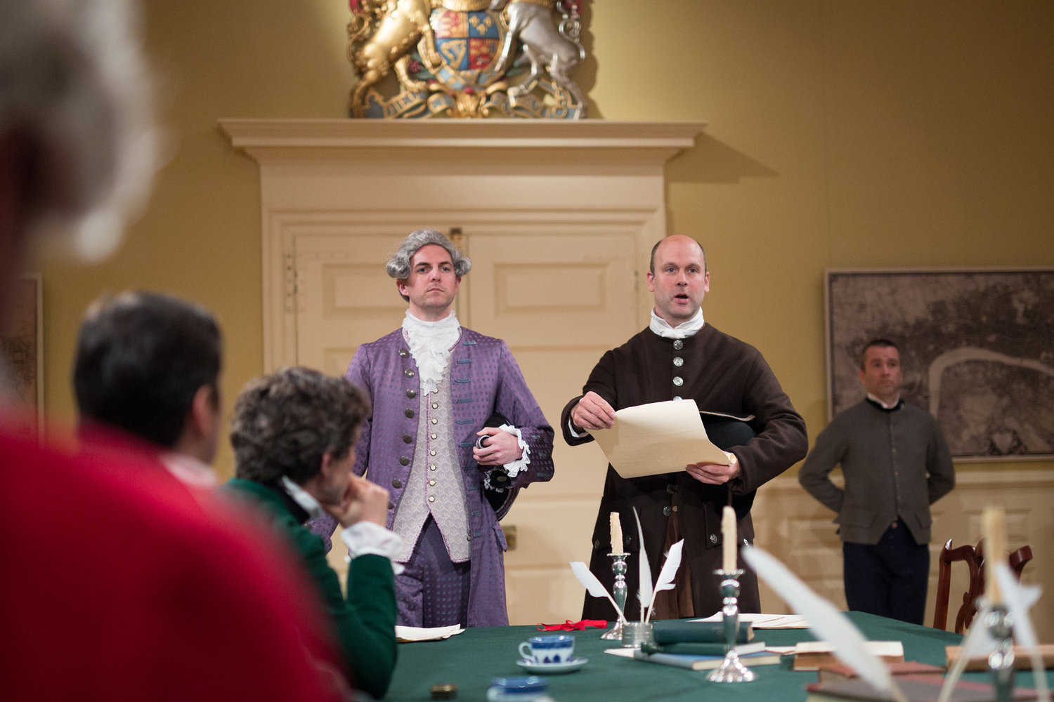John Hancock (Matt Ryan) and Samuel Adams (Craig Ciampa) in &quot;Blood on the Snow&quot; in the Old State House. (Courtesy Justin Saglio/Bostonian Society)