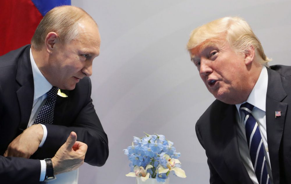 U.S. President Donald Trump (right) and Russia's President Vladimir Putin speaks during their meeting on the sidelines of the G-20 Summit in Hamburg, Germany, on July 7, 2017. (Mikhail Klimentiev/AFP/Getty Images)