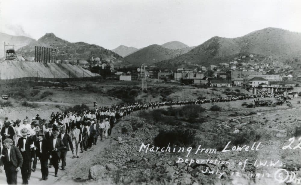 The Bisbee Deportation started in the early morning hours of July 12, 1917. Striking miners, and other men caught up in the frenzy, were marched several miles out of the small Southern Arizona town. About 1,200 were eventually packed into cattle cars and unloaded in the middle of the New Mexico desert. (Courtesy of the Bisbee Mining & Historical Museum, a Smithsonian Affiliate)